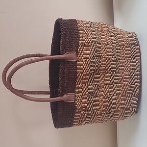 African Brown and Tan Woven Hand Bag Leather Handles